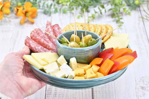 Chip Dip Ceramic Pottery Double Bowl Charcuterie, Handmade Blue Olive Snack Dish, Stoneware Party Serving Dining, Unique Housewarming Gift