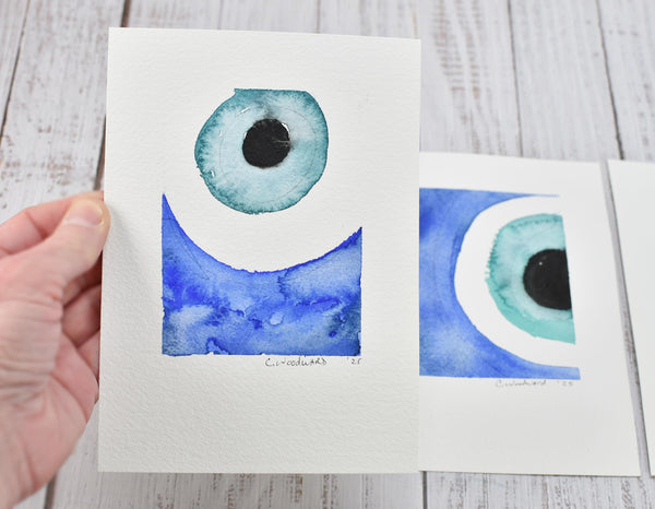 Evil Eye Art Work Watercolor Painting, 5x7 Original on Paper Unframed, Blue White Home Decor, Artist Signed, Not A Print, Nazar Turkish Boho