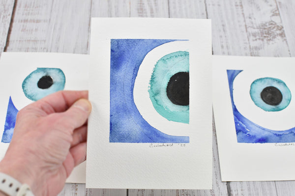 Evil Eye Art Work Watercolor Painting, 5x7 Original on Paper Unframed, Blue White Home Decor, Artist Signed, Not A Print, Nazar Turkish Boho