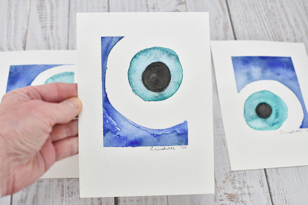 Evil Eye Art Work Watercolor Painting, 5x7 Original on Paper Unframed, Blue White Home Decor, Artist Signed, Not A Print, Nazar Turkish Boho