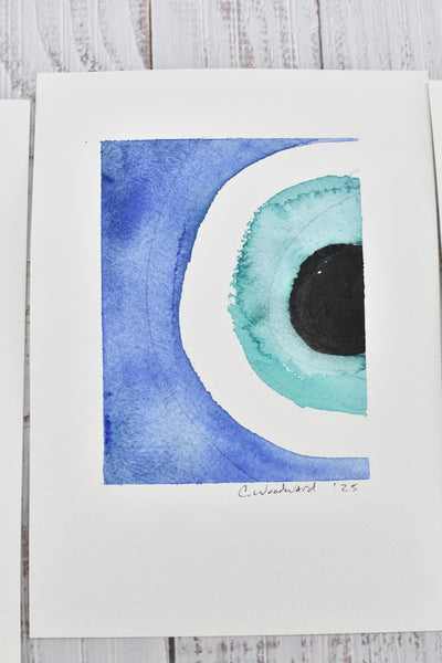 Evil Eye Art Work Watercolor Painting, 5x7 Original on Paper Unframed, Blue White Home Decor, Artist Signed, Not A Print, Nazar Turkish Boho