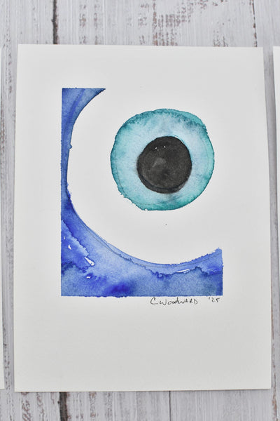 Evil Eye Art Work Watercolor Painting, 5x7 Original on Paper Unframed, Blue White Home Decor, Artist Signed, Not A Print, Nazar Turkish Boho