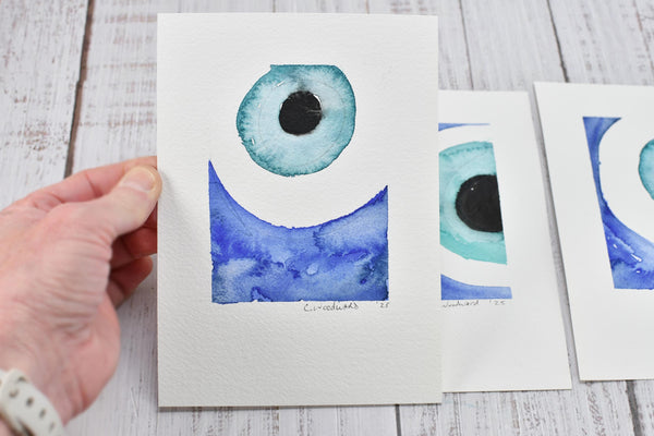 Evil Eye Art Work Watercolor Painting, 5x7 Original on Paper Unframed, Blue White Home Decor, Artist Signed, Not A Print, Nazar Turkish Boho