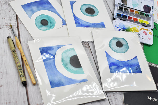 Evil Eye Art Work Watercolor Painting, 5x7 Original on Paper Unframed, Blue White Home Decor, Artist Signed, Not A Print, Nazar Turkish Boho