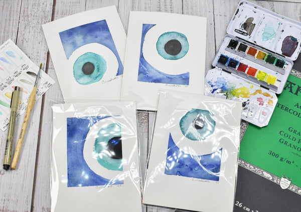 Evil Eye Art Work Watercolor Painting, 5x7 Original on Paper Unframed, Blue White Home Decor, Artist Signed, Not A Print, Nazar Turkish Boho