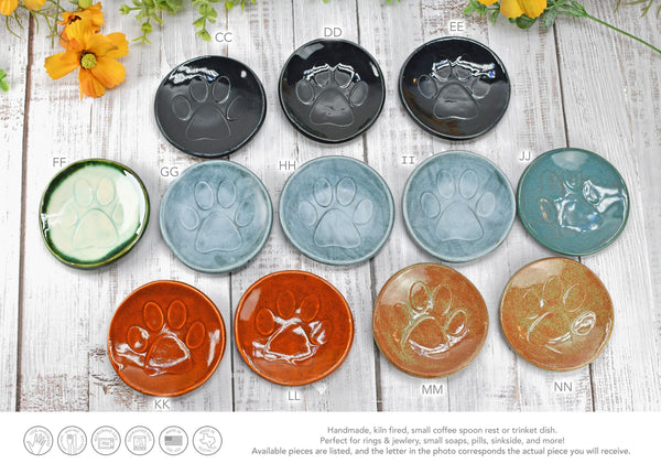 Paw Print Ceramic Small Coffee Spoon Rest, Jewelry Trinket Dish, Handmade Stoneware Pottery in Blue, Green, Teal, Brown, Black, Unique Gift