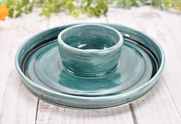 Chip Dip Ceramic Pottery Double Bowl Charcuterie, Handmade Blue Olive Snack Dish, Stoneware Party Serving Dining, Unique Housewarming Gift