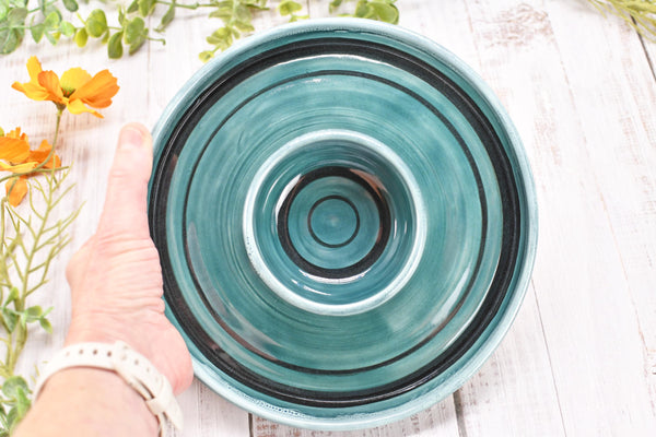 Chip Dip Ceramic Pottery Double Bowl Charcuterie, Handmade Blue Olive Snack Dish, Stoneware Party Serving Dining, Unique Housewarming Gift
