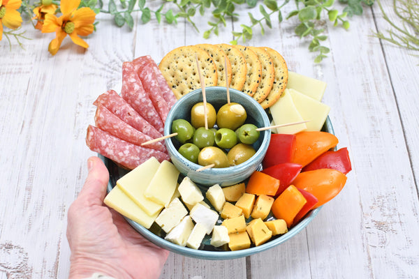 Chip Dip Ceramic Pottery Double Bowl Charcuterie, Handmade Blue Olive Snack Dish, Stoneware Party Serving Dining, Unique Housewarming Gift