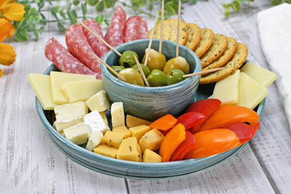 Chip Dip Ceramic Pottery Double Bowl Charcuterie, Handmade Blue Olive Snack Dish, Stoneware Party Serving Dining, Unique Housewarming Gift