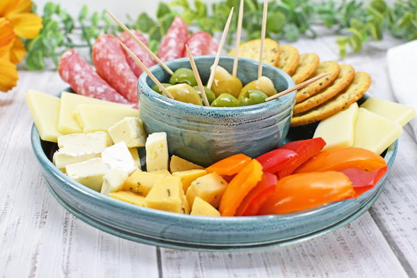 Chip Dip Ceramic Pottery Double Bowl Charcuterie, Handmade Blue Olive Snack Dish, Stoneware Party Serving Dining, Unique Housewarming Gift