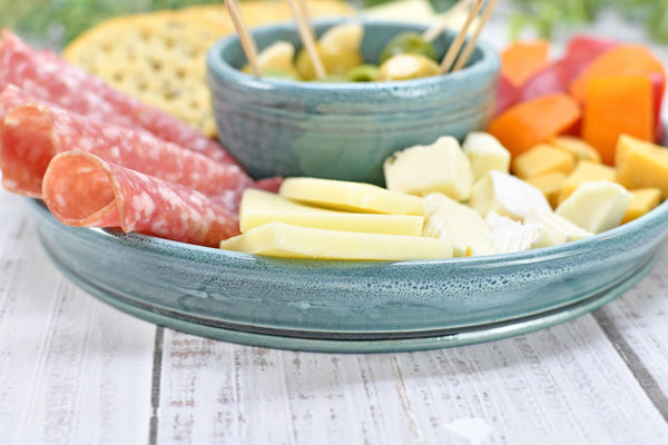 Chip Dip Ceramic Pottery Double Bowl Charcuterie, Handmade Blue Olive Snack Dish, Stoneware Party Serving Dining, Unique Housewarming Gift