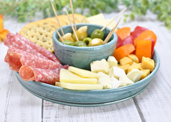 Chip Dip Ceramic Pottery Double Bowl Charcuterie, Handmade Blue Olive Snack Dish, Stoneware Party Serving Dining, Unique Housewarming Gift