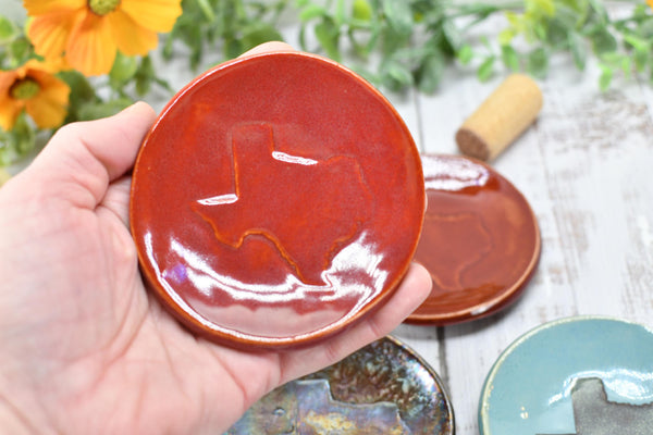 Texas Ceramic Small Coffee Spoon Rest, Handmade Jewelry Trinket Dish, Stoneware Pottery, Burnt Orange, Blue, Turquoise, Brown, Green, Black