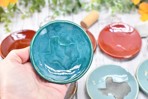 Texas Ceramic Small Coffee Spoon Rest, Handmade Jewelry Trinket Dish, Stoneware Pottery, Burnt Orange, Blue, Turquoise, Brown, Green, Black