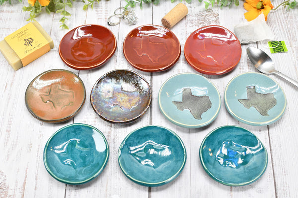 Texas Ceramic Small Coffee Spoon Rest, Handmade Jewelry Trinket Dish, Stoneware Pottery, Burnt Orange, Blue, Turquoise, Brown, Green, Black