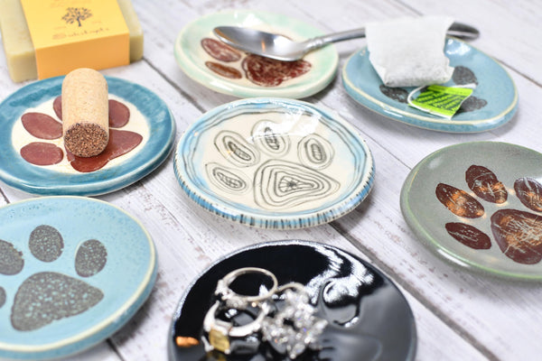 Paw Print Ceramic Small Coffee Spoon Rest, Jewelry Trinket Dish, Handmade Stoneware Pottery in Blue, Green, Teal, Brown, Black, Unique Gift