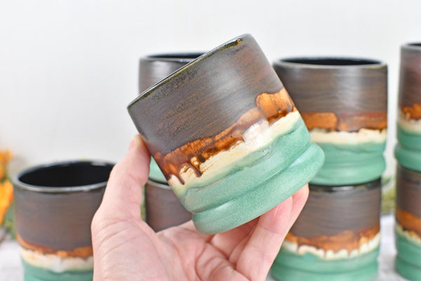 Handmade Ceramic Whiskey Tumbler, Bronze & Turquoise, Eco-Friendly 9th Anniversary Gift
