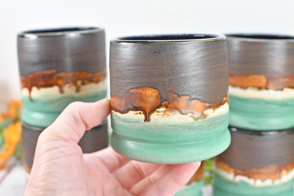 Handmade Ceramic Whiskey Tumbler, Bronze & Turquoise, Eco-Friendly 9th Anniversary Gift