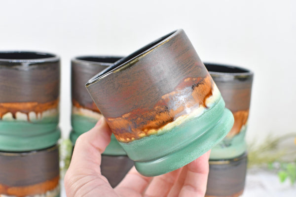 Handmade Ceramic Whiskey Tumbler, Bronze & Turquoise, Eco-Friendly 9th Anniversary Gift