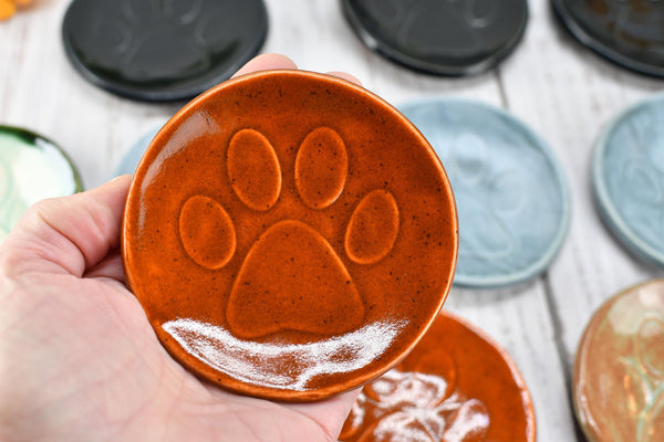 Paw Print Ceramic Small Coffee Spoon Rest, Jewelry Trinket Dish, Handmade Stoneware Pottery in Blue, Green, Teal, Brown, Black, Unique Gift