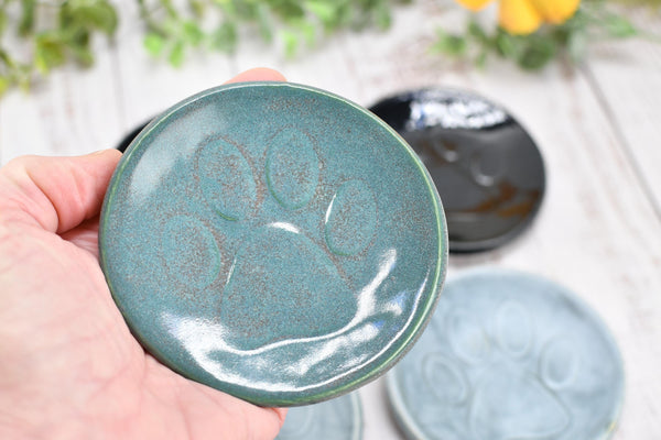 Paw Print Ceramic Small Coffee Spoon Rest, Jewelry Trinket Dish, Handmade Stoneware Pottery in Blue, Green, Teal, Brown, Black, Unique Gift