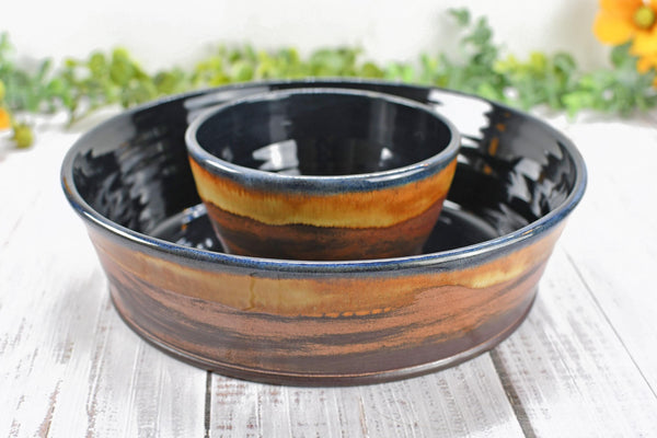 Chip and Dip Ceramic Bowl Set, Handmade Copper and Turquoise Patina Green Detached Snack Stoneware Pottery Party Serving Dishes