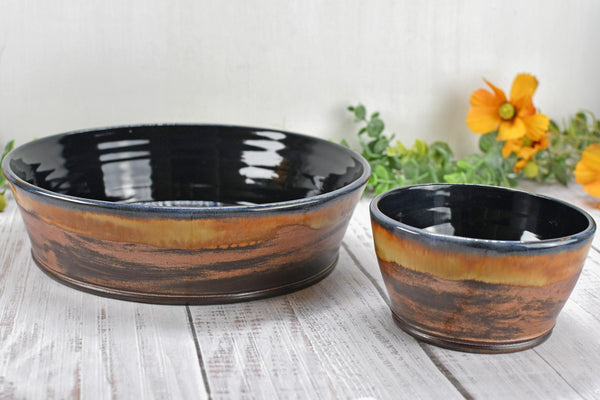 Chip and Dip Ceramic Bowl Set, Handmade Copper and Turquoise Patina Green Detached Snack Stoneware Pottery Party Serving Dishes