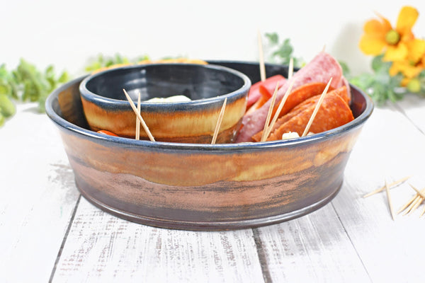 Chip and Dip Ceramic Bowl Set, Handmade Copper and Turquoise Patina Green Detached Snack Stoneware Pottery Party Serving Dishes