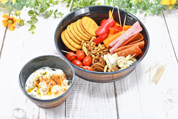 Chip and Dip Ceramic Bowl Set, Handmade Copper and Turquoise Patina Green Detached Snack Stoneware Pottery Party Serving Dishes