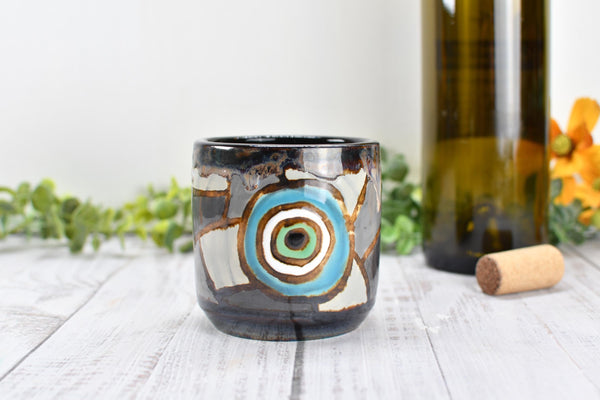 Evil Eye Ceramic Tumbler Whiskey Cup Coffee Tea Wine Handmade Pottery Hand Painted Stoneware Nazar Gift Spiritual Boho Blue White Black