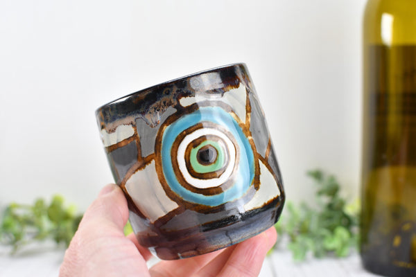 Evil Eye Ceramic Tumbler Whiskey Cup Coffee Tea Wine Handmade Pottery Hand Painted Stoneware Nazar Gift Spiritual Boho Blue White Black