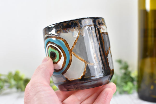 Evil Eye Ceramic Tumbler Whiskey Cup Coffee Tea Wine Handmade Pottery Hand Painted Stoneware Nazar Gift Spiritual Boho Blue White Black