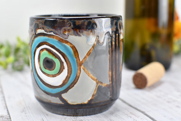 Evil Eye Ceramic Tumbler Whiskey Cup Coffee Tea Wine Handmade Pottery Hand Painted Stoneware Nazar Gift Spiritual Boho Blue White Black