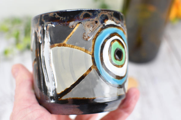 Evil Eye Ceramic Tumbler Whiskey Cup Coffee Tea Wine Handmade Pottery Hand Painted Stoneware Nazar Gift Spiritual Boho Blue White Black
