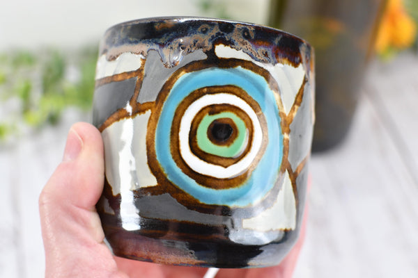 Evil Eye Ceramic Tumbler Whiskey Cup Coffee Tea Wine Handmade Pottery Hand Painted Stoneware Nazar Gift Spiritual Boho Blue White Black