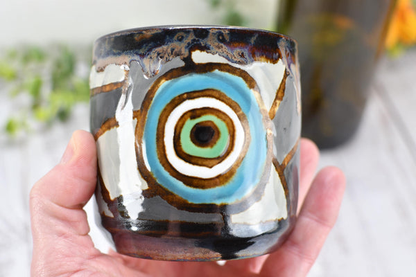 Evil Eye Ceramic Tumbler Whiskey Cup Coffee Tea Wine Handmade Pottery Hand Painted Stoneware Nazar Gift Spiritual Boho Blue White Black