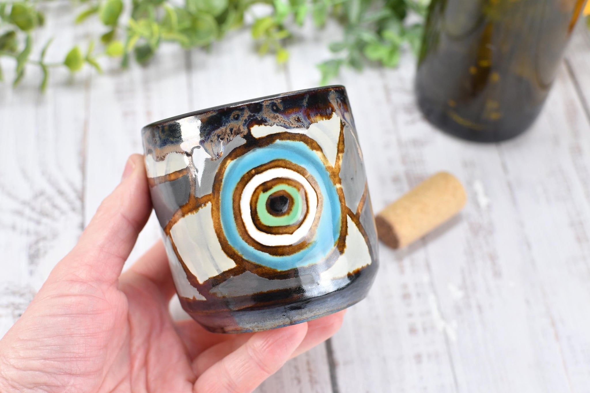 Evil Eye Ceramic Tumbler Whiskey Cup Coffee Tea Wine Handmade Pottery Hand Painted Stoneware Nazar Gift Spiritual Boho Blue White Black