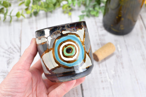 Evil Eye Ceramic Tumbler Whiskey Cup Coffee Tea Wine Handmade Pottery Hand Painted Stoneware Nazar Gift Spiritual Boho Blue White Black