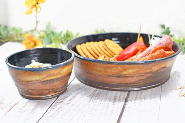 Chip and Dip Ceramic Bowl Set, Handmade Copper and Turquoise Patina Green Detached Snack Stoneware Pottery Party Serving Dishes