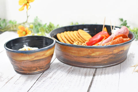 Chip and Dip Ceramic Bowl Set, Handmade Copper and Turquoise Patina Green Detached Snack Stoneware Pottery Party Serving Dishes