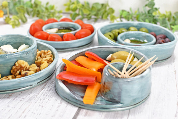 Snack Dip Ceramic Pottery Small Handmade Charcuterie Bowl, Spiral Blue Olives Cheese Dish Stoneware Party Serving Dining Housewarming Each