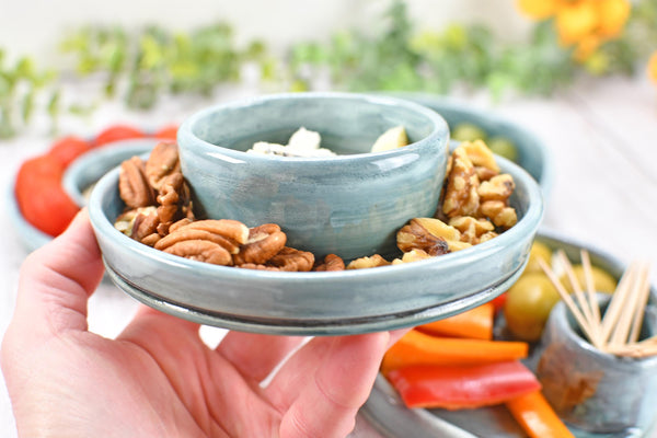 Snack Dip Ceramic Pottery Small Handmade Charcuterie Bowl, Spiral Blue Olives Cheese Dish Stoneware Party Serving Dining Housewarming Each
