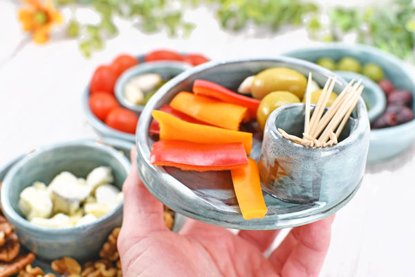 Snack Dip Ceramic Pottery Small Handmade Charcuterie Bowl, Spiral Blue Olives Cheese Dish Stoneware Party Serving Dining Housewarming Each