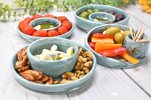 Snack Dip Ceramic Pottery Small Handmade Charcuterie Bowl, Spiral Blue Olives Cheese Dish Stoneware Party Serving Dining Housewarming Each