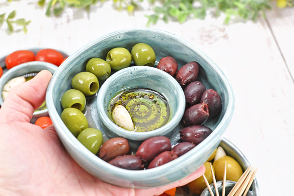 Snack Dip Ceramic Pottery Small Handmade Charcuterie Bowl, Spiral Blue Olives Cheese Dish Stoneware Party Serving Dining Housewarming Each