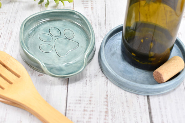 Paw Print Ceramic Spoon Rest Stove Top Wine Bottle Drip Dish Handmade Stoneware Pottery Dog Cat Animal Lover Gift Coworker Friend Mom Blue
