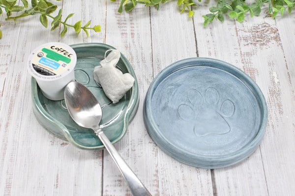 Paw Print Ceramic Spoon Rest Stove Top Wine Bottle Drip Dish Handmade Stoneware Pottery Dog Cat Animal Lover Gift Coworker Friend Mom Blue