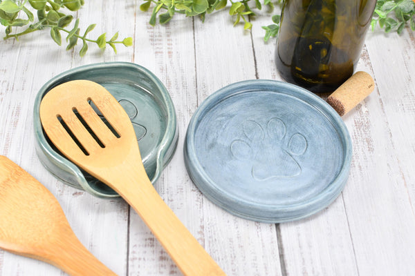 Paw Print Ceramic Spoon Rest Stove Top Wine Bottle Drip Dish Handmade Stoneware Pottery Dog Cat Animal Lover Gift Coworker Friend Mom Blue
