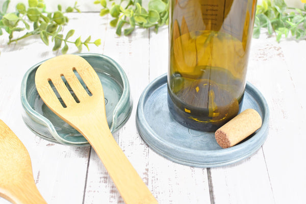 Paw Print Ceramic Spoon Rest Stove Top Wine Bottle Drip Dish Handmade Stoneware Pottery Dog Cat Animal Lover Gift Coworker Friend Mom Blue